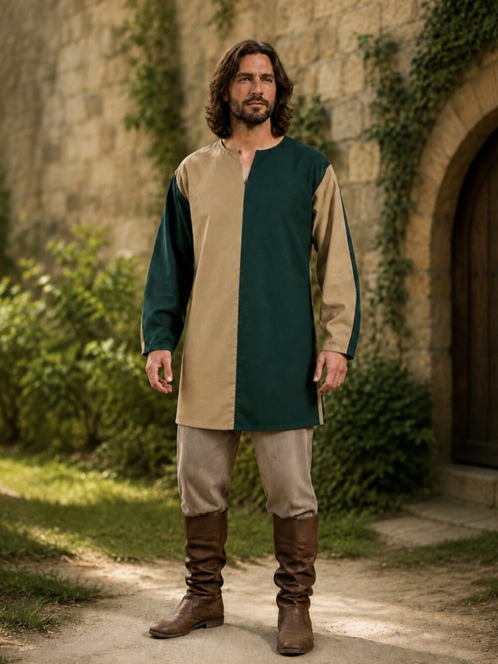Chivalry Sports Medieval Renaissance Men's Tunic Green Tan Cosplay Costume XL